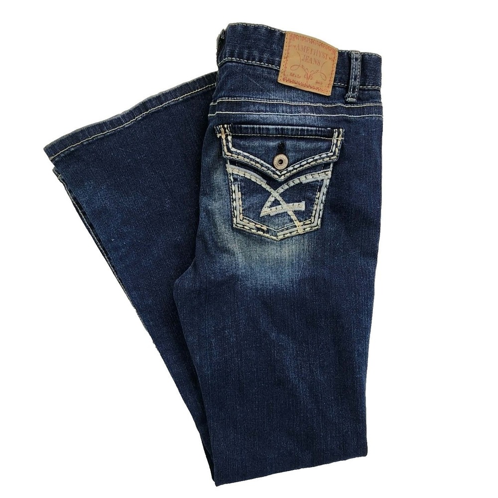 Amethyst‎ Jeans Bootcut Dark Wash Blue Denim Flap Pocket Thick Stitch Size 17